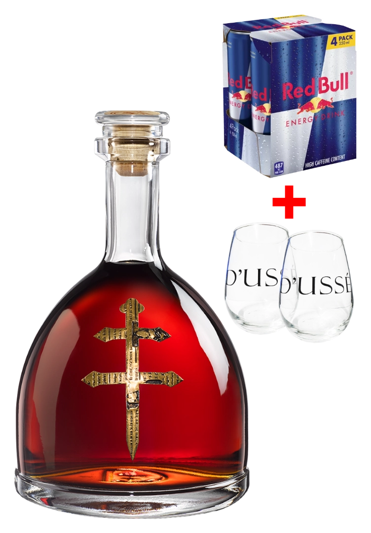 DUSSE VSOP COGNAC 750ML + 2 GLASSES + 4-PACK REDBULL 250ML